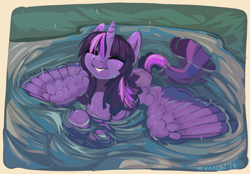 Size: 1162x811 | Tagged: safe, artist:wynnchi, character:twilight sparkle, character:twilight sparkle (alicorn), species:alicorn, species:pony, cute, eyes closed, female, mare, smiling, solo, spread wings, twiabetes, wet, wet mane, wings