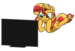 Size: 5000x3376 | Tagged: safe, artist:mirrorcrescent, character:sunset shimmer, species:pony, species:unicorn, newbie artist training grounds, absurd resolution, atg 2019, female, mare, monitor, prone, screen, simple background, solo, transparent background, watching