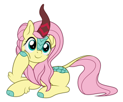 Size: 4374x3624 | Tagged: safe, artist:mirrorcrescent, character:fluttershy, species:kirin, newbie artist training grounds, g4, atg 2019, cloven hooves, colored hooves, cute, female, head turn, hoof on cheek, hooves, kirin fluttershy, kirin-ified, lying down, mare, prone, shyabetes, simple background, smiling, solo, species swap, transparent background