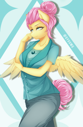 Size: 2161x3309 | Tagged: safe, artist:gyuumu, character:fluttershy, species:anthro, species:pegasus, species:pony, episode:fake it 'til you make it, alternate hairstyle, female, mare, severeshy, simple background, solo, watermark