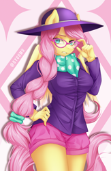 Size: 2160x3308 | Tagged: safe, artist:gyuumu, character:fluttershy, species:anthro, species:pegasus, species:pony, episode:fake it 'til you make it, abstract background, alternate hairstyle, female, glasses, hipstershy, mare, solo, watermark