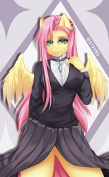 Size: 2160x3503 | Tagged: safe, artist:gyuumu, character:fluttershy, species:anthro, species:pegasus, species:pony, episode:fake it 'til you make it, female, fluttergoth, mare, simple background, solo, watermark