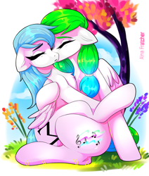 Size: 2717x3200 | Tagged: safe, artist:alna fratcher, oc, oc only, oc:aurora wing, oc:snow wing, species:pegasus, species:pony, eyes closed, female, hug, kiss on the cheek, kissing, mare, siblings, sisters, sitting on lap, ych result