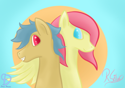 Size: 2480x1754 | Tagged: safe, artist:dumbprincess, artist:wreckno, oc, species:earth pony, species:pegasus, species:pony, blue background, bust, collaboration, duo, female, looking at each other, portrait, sunrise