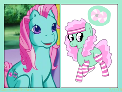Size: 2048x1536 | Tagged: safe, artist:colorcodetheartist, character:minty, species:earth pony, species:pony, g3, clothing, comparison, frizzy hair, pink mane, redesign, socks, striped socks, sweatband