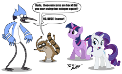 Size: 1280x784 | Tagged: safe, artist:glamourkat, character:rarity, character:twilight sparkle, character:twilight sparkle (unicorn), species:pony, species:unicorn, crossover, dialogue, regular show, simple background, speech bubble, text, transparent background