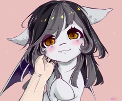 Size: 979x816 | Tagged: safe, artist:aoiyui, oc, species:bat pony, species:human, bat pony oc, blushing, cute, cute little fangs, disembodied hand, fangs, hand, looking at you, ocbetes, offscreen character, offscreen human