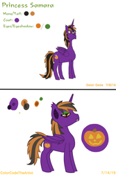 Size: 2048x3072 | Tagged: safe, artist:colorcodetheartist, oc, oc only, oc:princess samara, species:alicorn, species:bat pony, species:pony, bat pony alicorn, color palette, comparison, cutie mark, eyeshadow, fangs, female, folded wings, halloween, holiday, hybrid, improvement, makeup, mare, profile, redesign, redraw, reference sheet, simple background, solo, standing, white background, wings