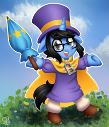 Size: 1107x1280 | Tagged: safe, artist:sabrib, oc, oc:tinker doo, species:pony, species:unicorn, a hat in time, cape, clothing, cosplay, costume, glasses, hat, hat kid, male, solo, top hat, umbrella
