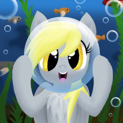 Size: 1500x1500 | Tagged: safe, artist:stellardust, derpibooru original, character:derpy hooves, species:pegasus, species:pony, bubble, chest fluff, cute, derpabetes, female, fish, happy, looking at you, mare, open mouth, seaweed, solo, underwater, water