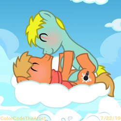 Size: 1536x1536 | Tagged: safe, artist:colorcodetheartist, species:earth pony, species:pegasus, species:pony, blushing, bunny (south park), butters stotch, clothing, colt, eye scar, gay, kenny mccormick, lying on a cloud, male, non-mlp shipping, nuzzling, ponified, scar, scarf, south park