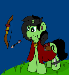 Size: 1440x1561 | Tagged: safe, artist:scotch, oc, oc:filly anon, species:pony, arrow, bow, bow (weapon), bow and arrow, chest fluff, cloak, clothing, dagger, female, filly, freckles, knife, quiver, tongue out, weapon