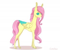Size: 2117x1756 | Tagged: safe, artist:luna dave, character:fluttershy, species:pegasus, species:pony, colored wings, colored wingtips, female, foal, long mane, no pupils, realistic anatomy, realistic horse legs, solo, wing fluff, young
