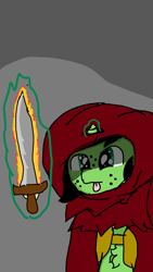 Size: 1440x2560 | Tagged: safe, artist:scotch, oc, oc:filly anon, species:pony, cave, chest fluff, cloak, clothing, female, filly, flaming sword, sword, tongue out, weapon