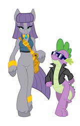 Size: 714x1119 | Tagged: safe, artist:qtmarx, character:maud pie, character:spike, species:anthro, species:dragon, bracelet, clothing, female, jacket, jewelry, leather jacket, lidded eyes, male, necklace, simple background, smiling, sunglasses, white background