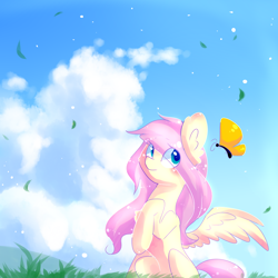 Size: 1000x1000 | Tagged: safe, artist:dddreamdraw, character:fluttershy, species:pegasus, species:pony, blushing, butterfly, ear fluff, eye clipping through hair, female, grass, looking at something, looking sideways, mare, one wing out, outdoors, raised hoof, sitting, sky, solo, three quarter view, wings