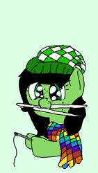 Size: 1440x2560 | Tagged: safe, artist:scotch, oc, oc:filly anon, species:pony, clothing, cute, female, filly, hat, knitting needles, rainbow, scarf, sewing needle