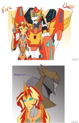 Size: 723x1127 | Tagged: safe, artist:elioo, character:sunset shimmer, my little pony:equestria girls, autobot, crossover, cybertronian, decepticon, hot rod, megatron, rodimus prime, species swap, transformers, transformers prime, transformers robots in disguise (2015), unicron, unicron megatron
