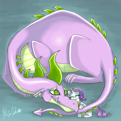 Size: 800x800 | Tagged: safe, artist:bunina, character:rarity, character:spike, species:dragon, species:pony, species:unicorn, ship:sparity, adult spike, female, fire ruby, interspecies, male, mare, nuzzling, older, shipping, smiling, spikezilla, straight