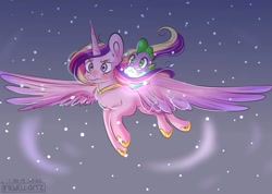 Size: 1058x755 | Tagged: safe, artist:compassrose0425, character:princess cadance, character:spike, species:alicorn, species:dragon, species:pony, episode:the crystal empire, g4, my little pony: friendship is magic, crystal heart, flying, scene interpretation, snow
