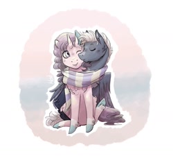 Size: 1637x1536 | Tagged: safe, artist:mad-maker-cat, oc, oc only, species:pegasus, species:pony, species:unicorn, clothing, female, kissing, male, mare, scarf, shared clothing, shared scarf, stallion