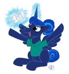 Size: 2086x2234 | Tagged: safe, artist:arrjaysketch, character:princess luna, species:alicorn, species:pony, female, glowing horn, happy, horn, magic, mail, mare, postcard, simple background, telekinesis, that pony sure does love the post office, white background
