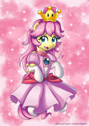 Size: 636x900 | Tagged: safe, artist:pyropk, character:fluttershy, species:pegasus, species:pony, adorable face, alternate hairstyle, clothing, cosplay, costume, crown, cute, cuteness overload, dress, female, flutterpeach, gloves, jewelry, long gloves, looking at you, looking sideways, mare, moe, open mouth, pink dress, princess peach, regalia, shyabetes, skirt, socks, solo, sparkles, stockings, super mario bros., sweet dreams fuel, thigh highs, three quarter view, wavy mouth, white socks, white stockings