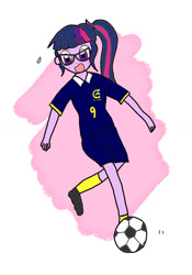 Size: 712x1016 | Tagged: safe, artist:foxy1219, character:twilight sparkle, character:twilight sparkle (scitwi), species:eqg human, my little pony:equestria girls, clothing, female, football, glasses, jersey, simple background, solo, sports, sweat