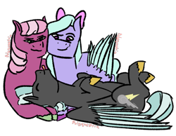 Size: 1063x827 | Tagged: safe, artist:lieutenantcactus, artist:polyquestria, character:cheerilee, character:flitter, character:thunderlane, species:pony, ship:flitterlane, bisexual, on back, polyamory, tongue out