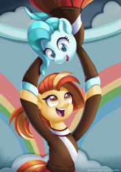 Size: 636x900 | Tagged: safe, artist:pyropk, character:lighthoof, character:shimmy shake, species:earth pony, species:pony, episode:2-4-6 greaaat, cheerleader outfit, clothing, cute, dancing, duo, duo female, female, lightorable, pleated skirt, ponytail, shakeabetes, skirt, smiling, that was fast
