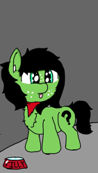 Size: 1440x2560 | Tagged: safe, artist:scotch, oc, oc:filly anon, species:pony, bandana, chest fluff, ear fluff, female, filly, food bowl, freckles, tongue out