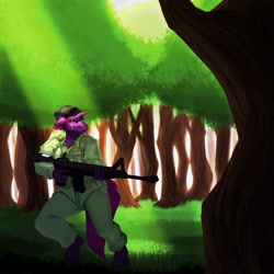 Size: 2000x2000 | Tagged: safe, artist:sintacle, character:tempest shadow, species:anthro, species:unguligrade anthro, bandana, broken horn, clothing, commission, eye scar, fatigues, female, forest, gun, horn, m4 carbine, rifle, scar, soldier, soldier pony, solo, tactical vest, uniform, weapon