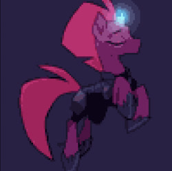 Size: 588x585 | Tagged: safe, artist:rollingrabbit, edit, editor:undeadponysoldier, character:tempest shadow, species:pony, species:unicorn, beautiful, broken horn, eyes closed, female, glowing horn, horn, majestic, mare, pixel art, solo