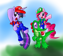 Size: 653x581 | Tagged: safe, artist:supersheep64, character:gummy, character:pinkie pie, character:twilight sparkle, g4, crossover, mario, nintendo, parody, super mario bros., yoshi