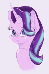Size: 732x1092 | Tagged: safe, artist:nyota71, character:starlight glimmer, species:pony, species:unicorn, bust, cute, ear fluff, female, portrait, purple eyes, shiny, simple background, smiling, solo