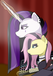 Size: 1920x2724 | Tagged: safe, artist:kirr12, character:fluttershy, character:princess celestia, species:alicorn, species:pegasus, species:pony, bust, duo, ear piercing, earring, female, fluttergoth, glowing horn, goth, guitar, horn, jewelry, magic, mare, musical instrument, piercing, profile, punklestia, synthesizer