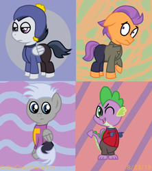 Size: 1600x1800 | Tagged: safe, artist:colorcodetheartist, character:chipcutter, character:rumble, character:spike, character:tender taps, species:dragon, species:earth pony, species:pegasus, species:pony, abstract background, clothing, clyde donovan, colt, craig tucker, crossover, finger gun, finger guns, male, south park, token black, tweek tweak, winged spike