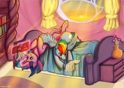 Size: 1280x905 | Tagged: safe, artist:reaperfox, character:rainbow dash, character:twilight sparkle, ship:twidash, bed, book, comic book, female, golden oaks library, lesbian, reading, shipping, sunlight