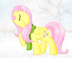 Size: 1500x1200 | Tagged: safe, artist:stardustxiii, character:fluttershy, clothing, cute, eyes closed, female, scarf, smiling, snow, snowfall, solo