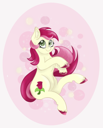 Size: 10261x12777 | Tagged: safe, artist:nyota71, character:roseluck, species:earth pony, species:pony, bubble, chest fluff, circle background, colored hooves, cute, ear fluff, female, floating, flower, fluffy, green eyes, hoof fluff, long tail, pink, pink mane, rose, simple background, solo