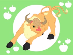 Size: 4242x3226 | Tagged: safe, artist:alexkingofthedamned, character:applejack, abstract background, cloven hooves, crossover, female, green background, my little pokémon, pokefied, pokémon, simple background, solo, species swap, tauros