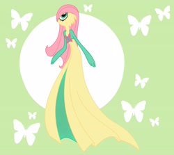 Size: 4263x3795 | Tagged: safe, artist:alexkingofthedamned, character:fluttershy, abstract background, crossover, female, gardevoir, green background, my little pokémon, pokefied, pokémon, simple background, solo, species swap