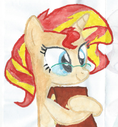 Size: 751x803 | Tagged: safe, artist:themisto97, character:sunset shimmer, species:pony, species:unicorn, book, drawing, female, glasses, ink drawing, nerd, solo, sunspecs shimmer, traditional art