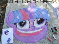 Size: 3256x2424 | Tagged: safe, artist:themisto97, character:twilight sparkle, character:twilight sparkle (alicorn), species:alicorn, species:pony, episode:best gift ever, g4, my little pony: friendship is magic, caption, chalk, chalk drawing, derp, face, faec, female, food, galacon, galacon 2019, hearts warming eve, image macro, pudding, pudding face, solo, street art, text, traditional art
