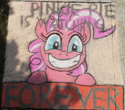Size: 2736x2404 | Tagged: safe, artist:themisto97, character:pinkamena diane pie, character:pinkie pie, species:earth pony, species:pony, fallout equestria, caption, chalk, chalk drawing, female, forever, galacon, galacon 2019, image macro, ministry mares, ministry of morale, pinkie pie is watching you, smiling, solo, street art, text, traditional art