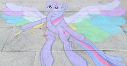 Size: 3864x2008 | Tagged: safe, artist:jan0o, artist:themisto97, character:twilight sparkle, character:twilight sparkle (alicorn), species:alicorn, species:pony, friendship is magic: rainbow roadtrip, g4, my little pony: friendship is magic, caption, chalk, chalk drawing, female, galacon, galacon 2019, germany, image macro, solo, street art, text, traditional art, wing bling