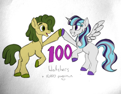 Size: 2500x1949 | Tagged: safe, artist:thr3eguess3s, oc, oc:apple core, oc:phantomwise, parent:big macintosh, parent:limestone pie, parent:trixie, parent:twilight sparkle, parents:limemac, parents:twixie, species:alicorn, species:earth pony, species:pony, blank flank, colored hooves, duo, female, filly, freckles, hoofbump, magical lesbian spawn, mixed media, offspring