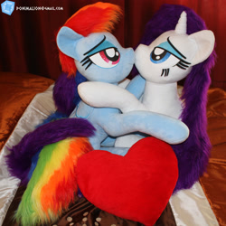 Size: 1848x1848 | Tagged: safe, artist:ponimalion, character:rainbow dash, character:rarity, species:pegasus, species:pony, species:unicorn, ship:raridash, bed, bedroom, bedroom eyes, duo, duo female, female, heart, heart pillow, horn, hug, irl, kissing, lesbian, life size, mare, photo, pillow, plushie, shipping, sitting, tail wrap, wings
