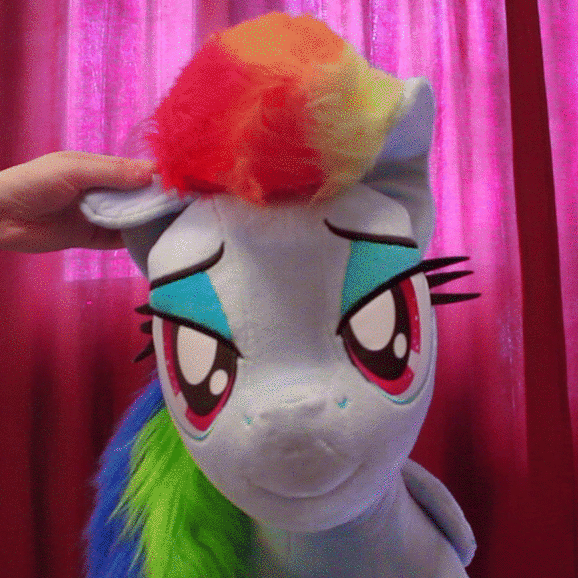 Size: 578x578 | Tagged: safe, artist:ponimalion, character:rainbow dash, species:human, species:pegasus, species:pony, animated, bedroom eyes, cute, dashabetes, ear scratch, female, hand, irl, looking at you, mare, offscreen character, photo, smiling
