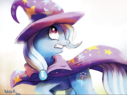 Size: 2000x1503 | Tagged: safe, artist:cuteskitty, character:trixie, species:pony, species:unicorn, cropped, female, gradient background, looking back, mare, solo, worried